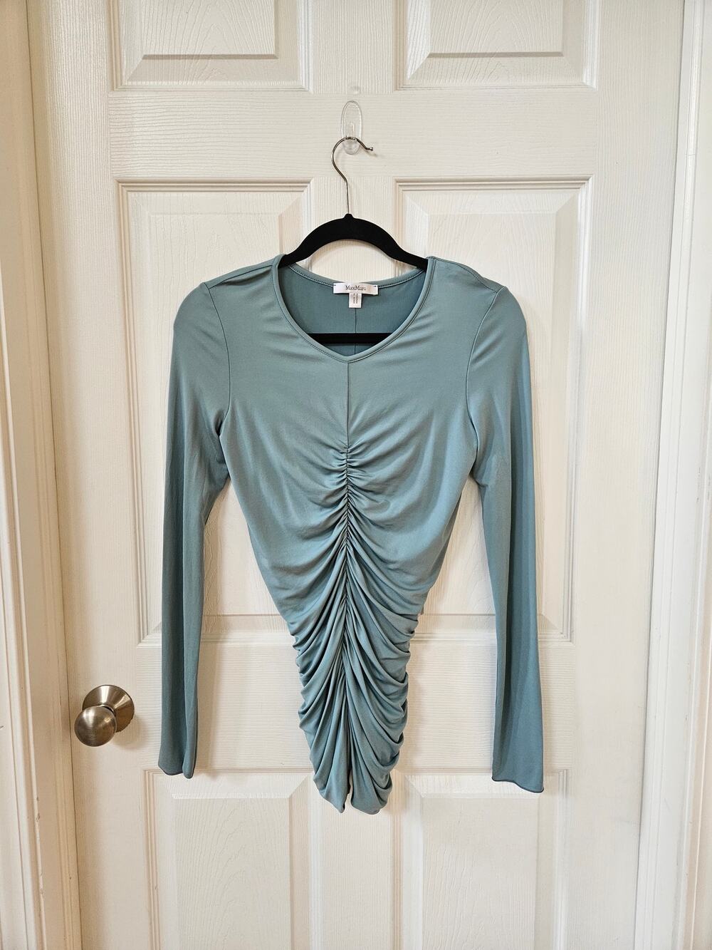 Max Mara Women’s M Ruched Long Sleeve Top Sage Green Stretch Jersey Draped